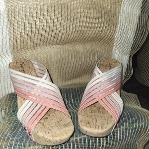 Lucky Brand Pink and Cream Wedge Sandals